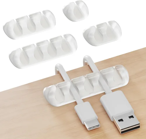 Vista 10 de GLUIT Organizador de cables para soporte de cables de escritorio para mesita de noche, organizador de cargador adhesivo de escritorio versátil clips