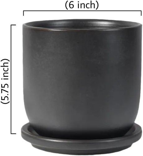 Vista 6 de Serene Spaces Living Maceta grande de cerámica negra mate con agujeros de drenaje y platillo para plantas y flores, macetas decorativas