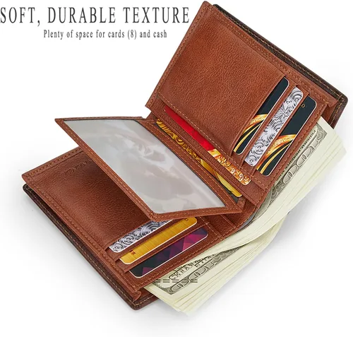 Vista 3 de Billetera de cuero de grano completo para hombres con RFID plegable con ventana de identificación lateral abatible 2, Amarillo Marrón, Classic