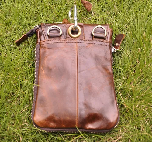 Vista 4 de Le'aokuu Bolsa para la cintura, cartera al hombro, pequeña bolsa mensajero, cangurera café de cuero genuino para hombre, Coffee), 611-1