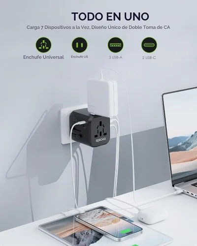 Vista 2 de EPICKA PD 35W Adaptador de viaje universal, 2AC/2USB-C/3USB-A