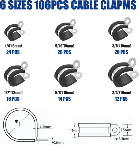 Vista 2 de Kit surtido de 106 abrazaderas de cable, (0.23 a 0.79 pulgadas) - Abrazadera de tubo aislada acolchada de acero inoxidable 304, abrazadera de bucle