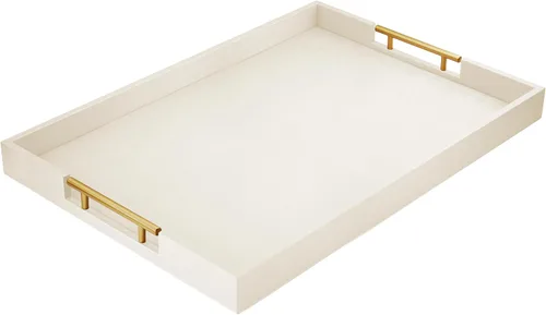 Vista 11 de ATZYmolin - Bandeja de servicio de madera de 17" x 12" con asas de metal dorado pulido, bandeja decorativa de madera rectangular para otomano