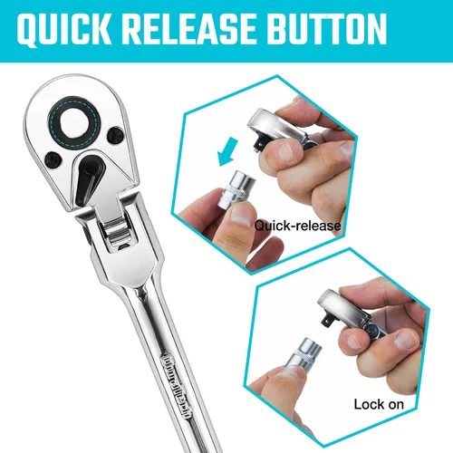 Vista 4 de DURATECH Mango de trinquete de 1/4 pulgadas con cabeza flexible, llave de trinquete de 72 dientes, liberación rápida, interruptor reversible