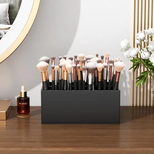 Vista 3 de HIIMIEI Organizador Portacepillos de Maquillaje Negro Acrílico de 6 Ranuras Organizador de Almacenamiento para Cepillos Cosméticos para Encimera