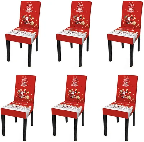 Vista 27 de XMNTG Juego de 6 fundas para sillas de Navidad, con estampado de ciervos, decoración de Navidad, fundas extraíbles para sillas antideslizantes Negro