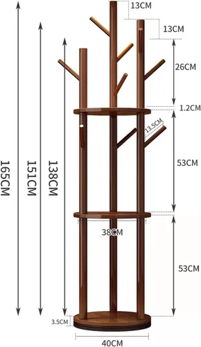 Vista 2 de Generic Perchero de madera independiente con 3 estantes y 9 ganchos, soporte resistente y fácil de montar para entrada, pasillo, dormitorio