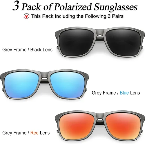 Vista 2 de BOTPOV Lentes de sol polarizados para hombres y mujeres espejo con protección UV 400 bisagra de resorte paquete de 3 Negro Gris Plata Azul Rojo
