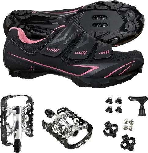 Vista 3 de Venzo Womens MTB Bike Bicycle Cycling Shoes with Multi-Function Clip-Less Pedals & Cleats - Compatible with Shimano SPD & Crankbrother System