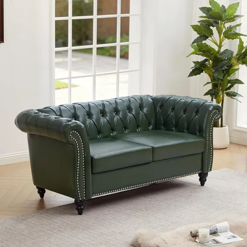 Vista 18 de AVZEAR Sofá Chesterfield de 84 pulgadas, 3 plazas, sofá clásico de cuero PU con brazos enrollados y respaldo con botones capitoné, sofá tipo canapé