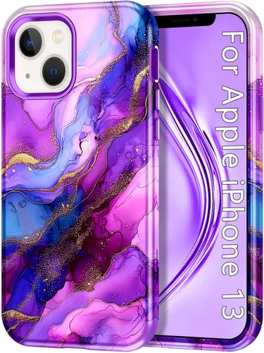 Vista 10 de CASEFIV Compatible con funda para iPhone 13, patrón de mármol 3 en 1, resistente a golpes y caídas, cuerpo completo, policarbonato duro y silicona