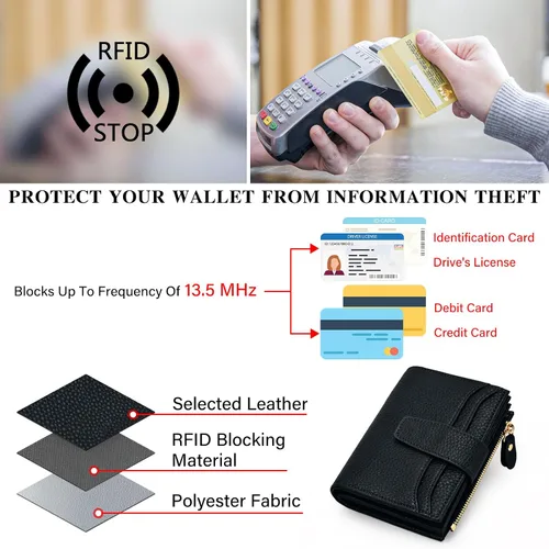 Vista 4 de oscaurt Billetera pequeña para mujer con bloqueo RFID, de dos pliegues, compacta, para tarjetas de crédito, de piel, con bolsillo con cremallera