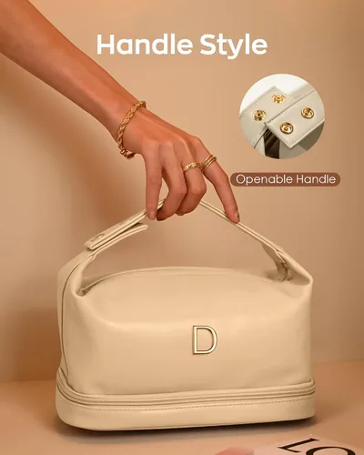 Vista 3 de Bolsa de maquillaje con asa, bolsa de cosméticos impermeable de doble capa, bolsas de maquillaje de cuero PU de gran capacidad con letra, bolsa