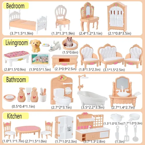 Vista 2 de Juego de muebles para casa de muñecas, colección completa de habitación con cocina, comedor, sala de estar, dormitorio y accesorios de baño
