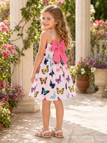 Vista 5 de Vestido de verano para niños pequeños, con tirantes delgados, sin espalda, con lazo, para cumpleaños, playa, vestido de playa A-Butterfly