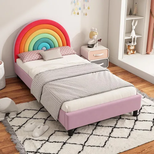 Vista 4 de SOFTSEA Base de cama tamaño individual con diseño de arco iris para niños, cama tapizada individual con cabecera arcoíris, cama de princesa, linda