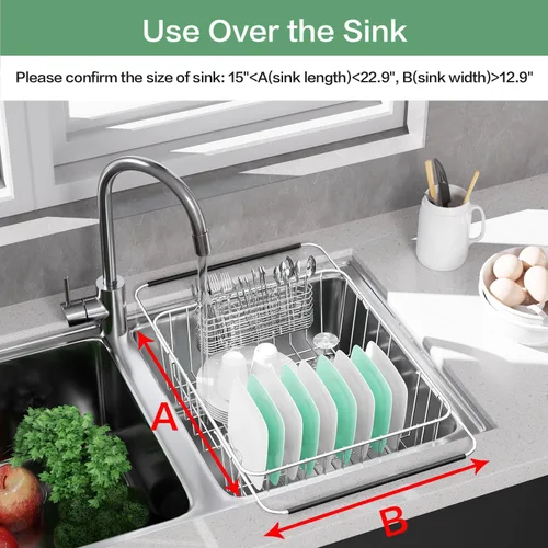 Vista 4 de Escurridor de platos grande para fregadero, escurridor de platos de metal de acero inoxidable 304 expandible con soporte para utensilios de acero