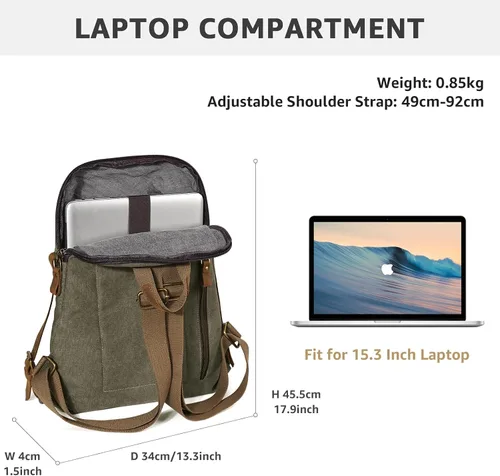 Vista 2 de KL928 Mochila de lona vintage para hombres y mujeres, mochila para laptop, mochila de viaje, bolsa de viaje al aire libre, verde oliva