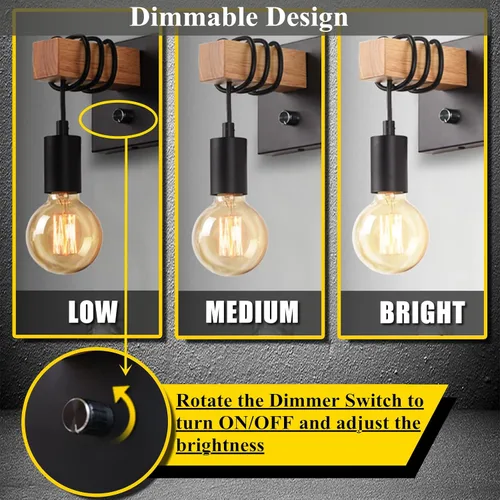 Vista 2 de Lightess - Aplique de pared industrial regulable negro con interruptor de encendido y apagado Dimmable On/Off Switch, Vintage Edison Style, Black