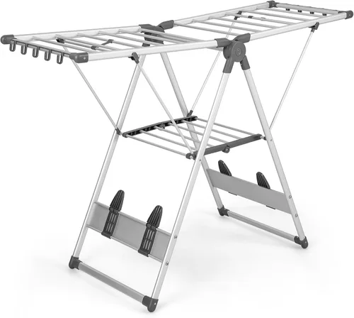 Vista 8 de Giantex Estante de secado de ropa, 2 capas de aluminio plegable con altura ajustable de 5 niveles, 21 rieles de secado, 10 clips laterales, 4