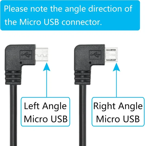 Vista 3 de Cable de alimentación micro USB de 90 grados para cámara de tablero de 11 pies, cable de carga USB en ángulo izquierdo, solo alimentación,