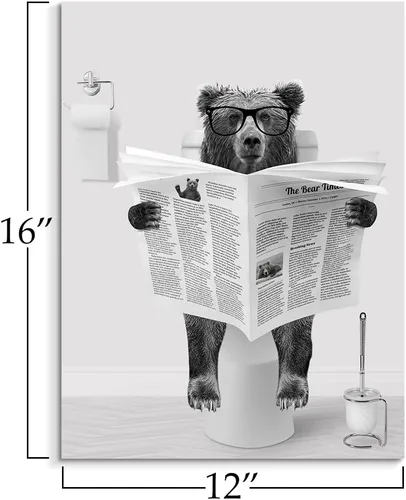 Vista 2 de Decoración de Arte de Pared en Blanco y Negro – Oso con Gafas Sentado en el Inodoro Leyendo Periódico, Impresiones en Lienzo, Imágenes de Animales