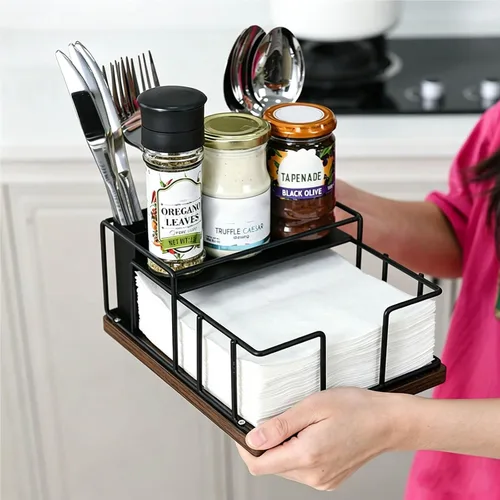 Vista 7 de Servilletero para mesa, dispensador de servilletas de metal con almacenamiento de salero y pimienta, soporte para utensilios 3 en 1, estante