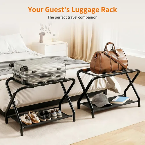 Vista 2 de Heybly Portaequipajes, paquete de 2, soporte plegable de acero para maleta con estante de almacenamiento para dormitorio, hotel, marco de acero