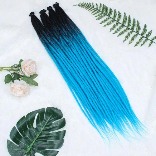Vista 2 de Kraler Extensiones de Rastas Azules, Extensiones de Rastas Sintéticas de Ganchillo de 22", 100% Hechas a Mano, Rastas de Una Sola Punta, Delgadas