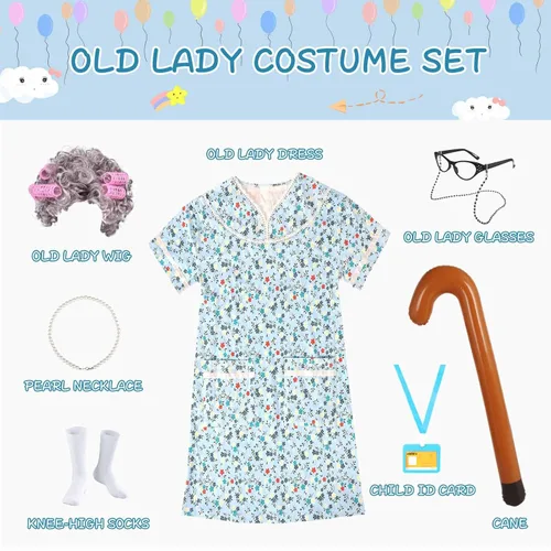 Vista 3 de JaosWish Disfraz de anciana para niños, disfraz de 100 días de escuela para niños, disfraz de abuela cosplay, peluca de abuelita