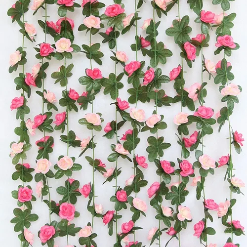 Vista 9 de Flores de rosas falsas, paquete de 2 flores artificiales de 8.2 pies, guirnalda de flores colgantes para habitación, hogar, hotel, oficina, boda