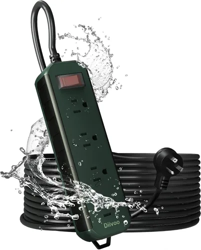 Vista 9 de Regleta de alimentación para exteriores resistente a la intemperie, cable de extensión de 25 pies, protector de sobretensiones impermeable Diivoo