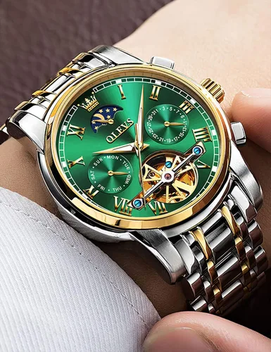 Vista 3 de OLEVS Relojes automáticos de cuerda automática para hombre, fecha y día, calendario, relojes de acero inoxidable, movimiento de esqueleto