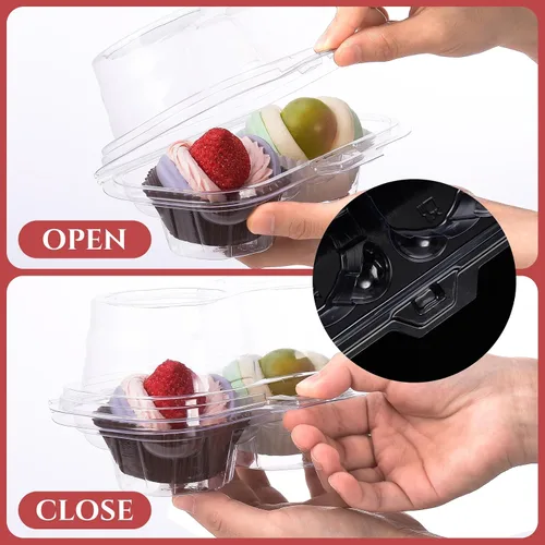 Vista 3 de Tanlade 100 cajas de 2 cavidades para cupcakes, 200 tazas para hornear, 2 compartimentos, recipientes de plástico transparentes apilables
