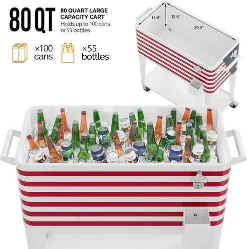 Vista 5 de Outvita Hielera Rodante de 80 Cuartos, Enfriador Portátil de Bebidas para Bar con Bandeja Colectora, Bandeja de Almacenamiento Inferior