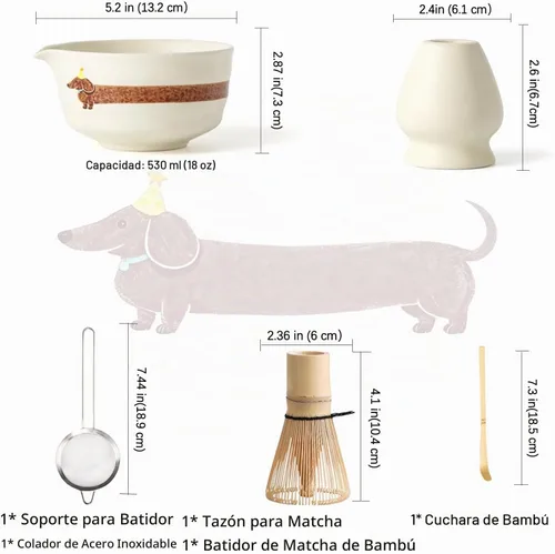 Vista 3 de Juego de matcha con patrón de perro, juego de batidor japonés de matcha incluye cuenco de matcha con boquilla, soporte para batidor, batidor
