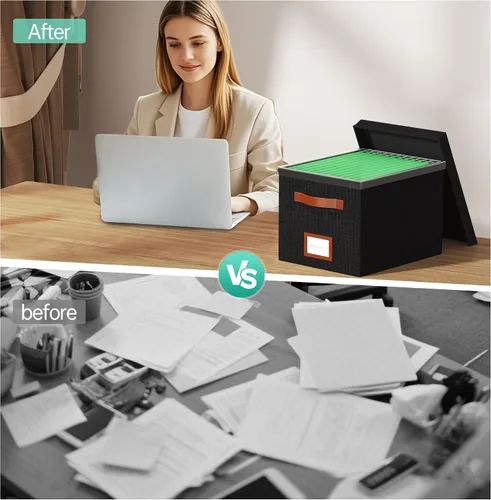 Vista 5 de Caja organizadora de archivos con tapa para colgar, organizador de archivos decorativo con riel deslizante de plástico integrado de una pieza Negro