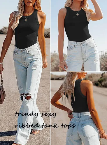 Vista 4 de Samefar Camiseta sin mangas de punto ajustado para mujer, sin mangas, espalda cruzada, casual, básica, acanalada