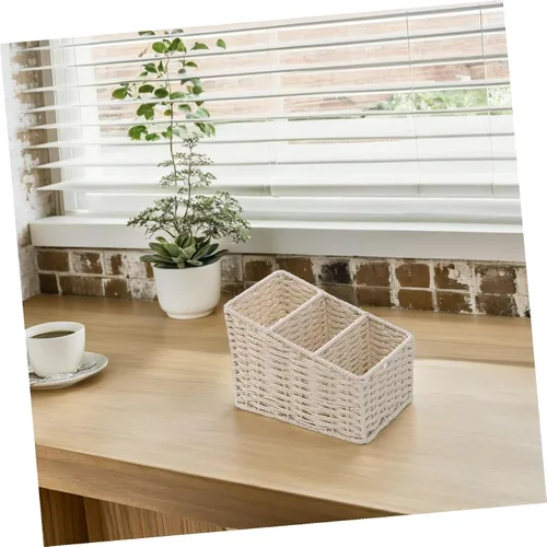 Vista 5 de DOITOOL Caja de almacenamiento trapezoidal de escritorio con 3 compartimentos, impermeable, simulada, tejida a mano, organizador para suministros