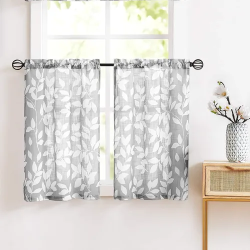 Vista 9 de Treatmentex Cortinas azules de cocina de 24 pulgadas con estampado de hojas blancas cortas para ventanas pequeñas, 2 paneles