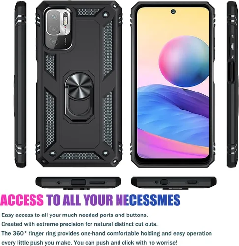 Vista 2 de Funda para Mi para Poco M3 Pro/para Redmi Note 10T 5G con protector de pantalla de vidrio templado, [grado militar] Soporte de anillo magnético