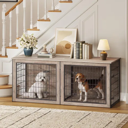 Vista 7 de HOOBRO Mueble de jaula para perros para 2 perros, mueble grande de 63 pulgadas para jaulas dobles con divisor, soporte de madera para interiores