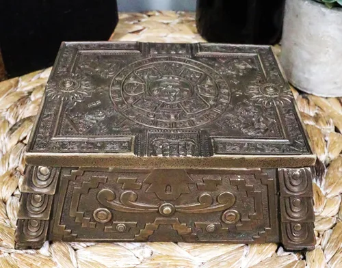Vista 8 de Ebros - Joyero azteca mesoamericano mesoamericano, 5.75 pulgadas de largo, decoración de Dios del Sol