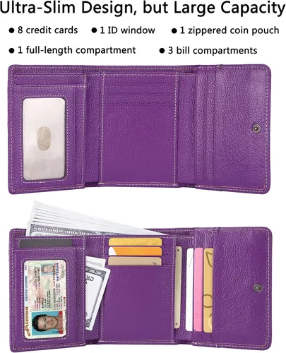 Vista 2 de AINIMOER Cartera pequeña de piel para mujer, delgada, compacta, con bloqueo RFID, con bolsillo para monedas, Lichee - Bloqueo Rfid morado.