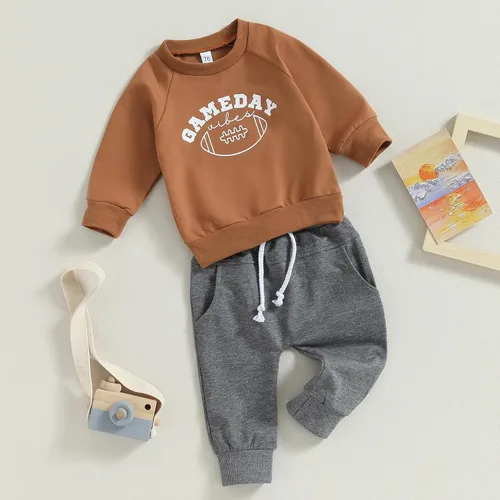 Vista 6 de Lamuusaa Conjunto de fútbol para bebé niño y niño, sudadera con cuello redondo para el día del juego, sudadera con pantalones deportivos para otoño