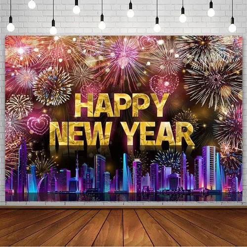 Vista 13 de AIBIIN Telón de fondo de 7 x 5 pies con texto en inglés «Happy New Year» 2026, noche de la ciudad, víspera de Año Nuevo, grandiosos fuegos Fuegos