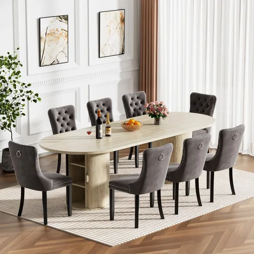 Vista 33 de Mesa de comedor redonda extensible de 94 pulgadas con base de almacenamiento, mesa de comedor expandible natural para 10, mesa de comedor de madera