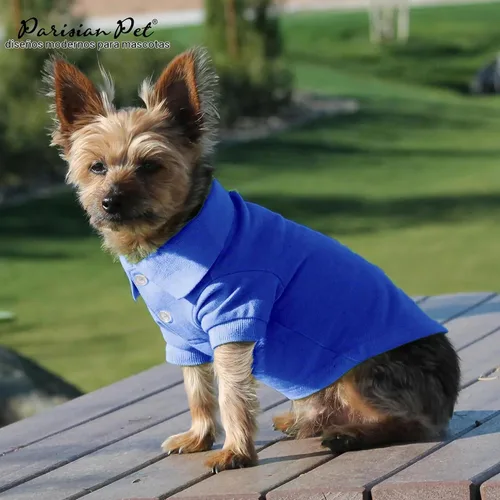 Vista 4 de Camisas Polo Parisian Pet - Camisa de Algodón Transpirable para Perros - Azul Sólido, Ropa de Verano con Capucha - Cuello con Botón para Perros Polo