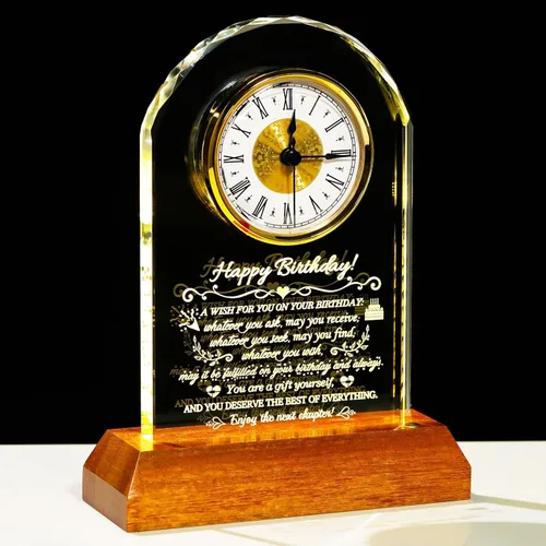 Vista 12 de Arikyrist Regalos de cumpleaños número 100 para mujeres, hombres y amigos, reloj de cumpleaños de cristal con base de luz Glass 100th Birthday
