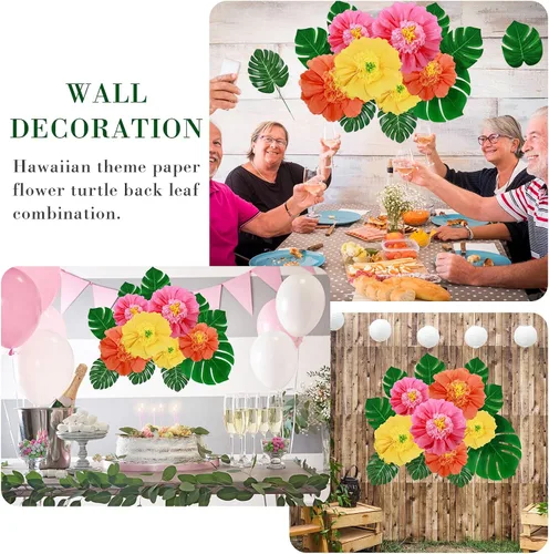 Vista 4 de Canlierr Paquete de 40 suministros de decoración de fiesta tropical, papel de seda grande, flores de hibisco, hojas de palma sintéticas, juego